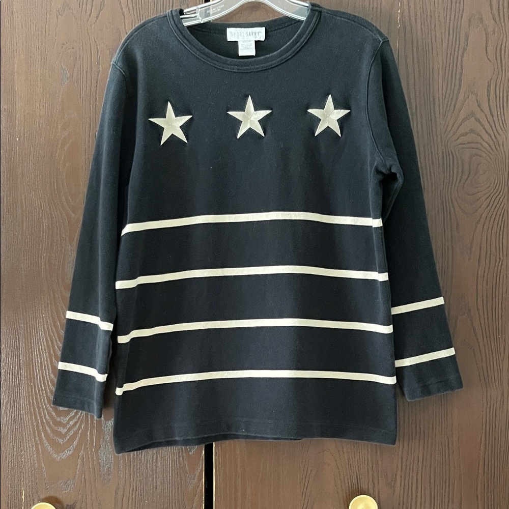Sport Savvy long sleeved navy blue sweatshirt with stripes and stars. Size Med